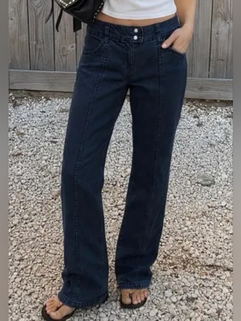 Flamingals Solid Seam Front Mid Rise Straight Leg Navy Blue Pants NWT Large